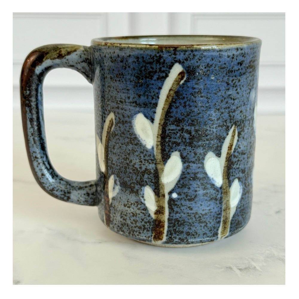 VTG 1970s Otagiri Stoneware Mug Blue Brown Glaze Willow Design 3 7/8"